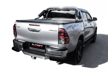 7 199 р. Защита заднего бампера Slitkoff (Ø 76 мм, уголки)  Toyota Hilux  AN120 (2017-2020) (Сталь с полимерным покрытием. Цвет: черный). Увеличить фотографию 1